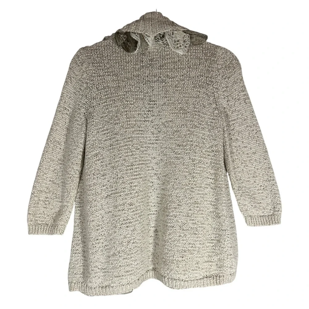 Chicos‎ Open Front Knit Cardigan Sweater Sz 0, Small Ruffle Scarf Neutral Cotton